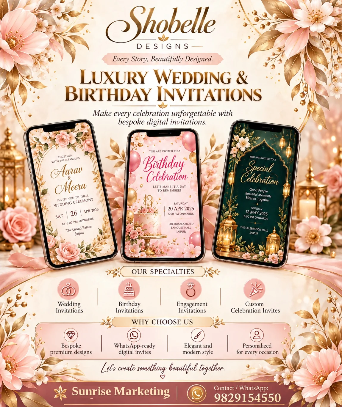 Examples of luxury digital wedding, birthday and celebration invitations by Shobelle Designs